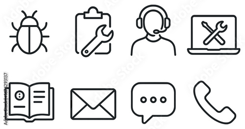 Technical support linear icon set. featuring bug, clipboard, headset, laptop, manual, email, chat, phone