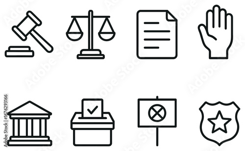 Legal and civic linear icon set. featuring gavel, scales, document, hand, building, ballot, protest, and badge symbols