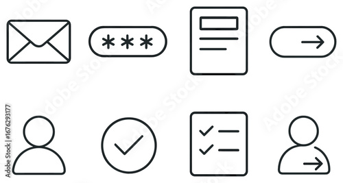 Account security linear icon set. featuring email, password, form, login, profile, verify, and checklist symbols