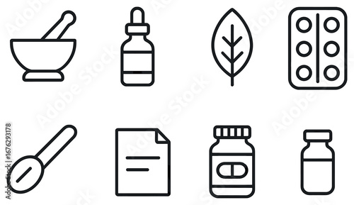 Pharmacy and healthcare linear icon set. featuring mortar, dropper, leaf, pills, spoon, document, bottle, vial icons