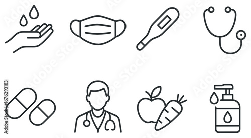 Healthcare linear icon set. featuring sanitizer, mask, stethoscope, thermometer, pills, doctor, apple, carrot