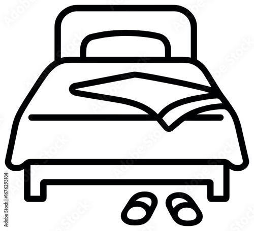 Hotel accommodation linear icon set. featuring bed, slippers, pillow, blanket, lamp, reception, suitcase, bell, amenities, room service