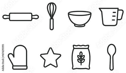 Baking tools linear icon set. featuring rolling pin, whisk, bowl, measuring cup, mitt, cookie cutter, flour, spoon