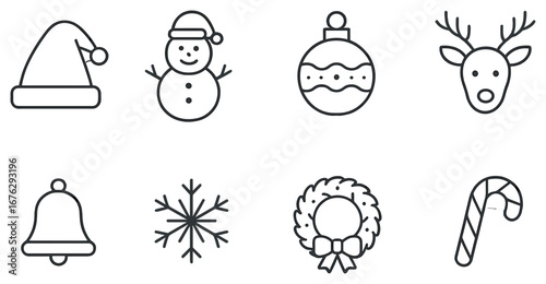 Christmas celebration linear icon set. featuring santa hat, snowman, ornament, reindeer, bell, snowflake, wreath, candy cane