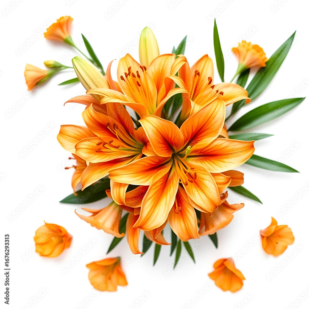 Obraz premium Bouquet of beautiful delicate orange lilies Lilium Asiatic Hybrid Orange Ton isolated on white background. Fashionable creative floral composition. Summer, spring. Flat lay, top view. Valentine's Day
