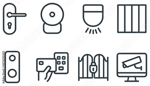 Home security linear icon set. featuring lock, bell, sensor, bars, keypad, gate, cctv