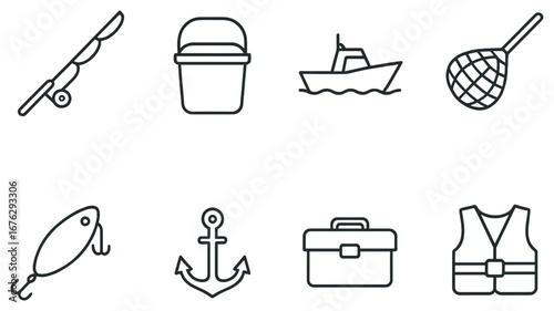 Fishing gear linear icon set. featuring rod, bucket, boat, net, lure, anchor, toolbox, vest symbols