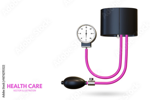 Pharmacy poster, banner with 3d Realistic medical classic tonometer. Mechanical tonometer, a tool for measuring blood pressure and pulse rate. Vector illustration. Advertising for hospital or