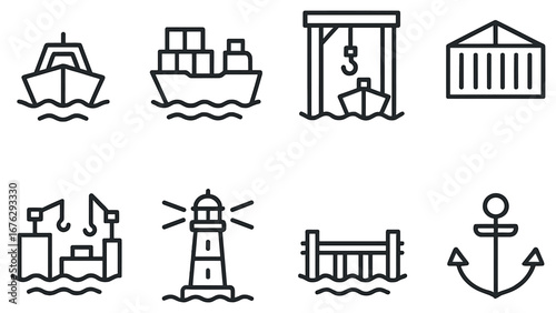 Maritime industry linear icon set. featuring ship, cargo, crane, container, lighthouse, anchor, dock