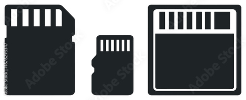 Memory cards flat icon set. featuring sd card, microsd card, compactflash card