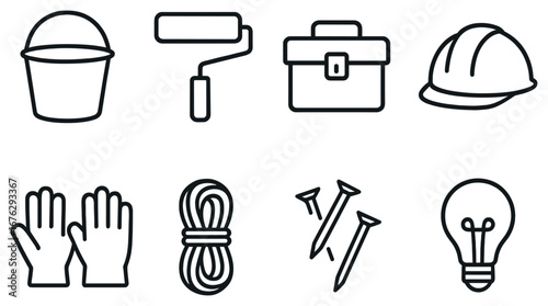 Construction tools linear icon set. featuring bucket, roller, toolbox, helmet, gloves, rope, nails, and bulb icons