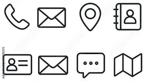 Contact and communication linear icon set. featuring phone, email, location, address book, id, chat, and map symbols