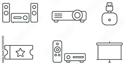 Home theater linear icon set. featuring speaker, projector, adapter, ticket, remote, device, and screen symbols