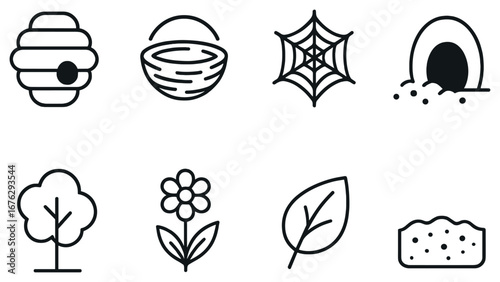 Nature and habitat linear icon set. featuring beehive, nest, spider web, burrow, tree, flower, leaf, rock
