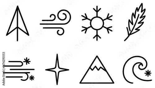 Nature elements linear icon set. featuring tree, wind, snowflake, leaf, air, star, mountain, wave symbols