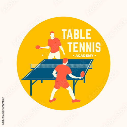 Table tennis academy badge, emblem with table player silhouette. Vector. For table tennis logotype templates and badges. Place to promote health and friendship