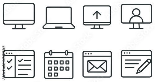 Office and communication linear icon set. featuring desktop, laptop, monitor, video call, checklist, calendar, email, and document symbols