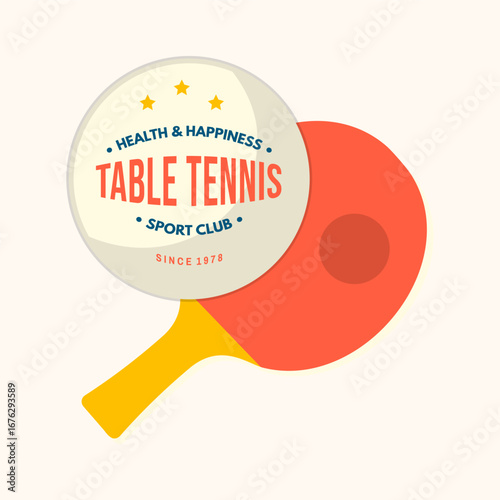 Table tennis badge, emblem with ping pong racket. Vector. For table tennis logotype templates and badges. Place to promote health and friendship