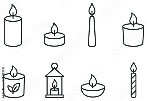 Candle linear icon set. featuring votive, taper, tealight, pillar, lantern, and flame symbols