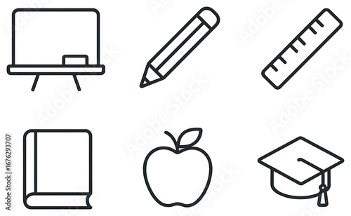 Education linear icon set. featuring blackboard, pencil, ruler, book, apple, and graduation cap