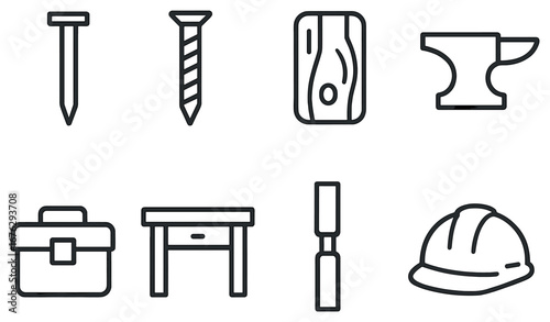 Carpentry tools linear icon set. featuring nail, screw, wood, anvil, toolbox, workbench, chisel, hard hat.