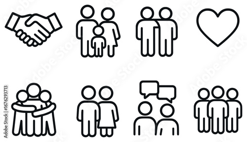 Community and relationships linear icon set. featuring handshake, family, heart, group, hugging, chat