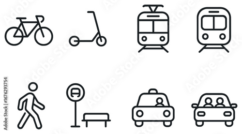 Urban transport linear icon set. featuring bicycle, scooter, tram, metro, walking, bus stop, taxi, car