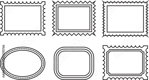 Collection of six decorative postage stamp frames with perforated edges for vintage mail design, stamp, frame, border