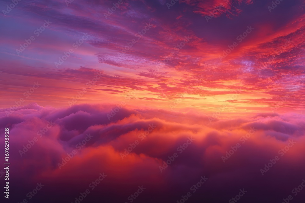 Obraz premium Epic sunset over a sea of clouds. Vibrant hues of orange, pink, and purple paint the sky above fluffy clouds