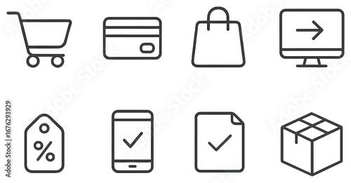 E-commerce linear icon set. featuring cart, credit card, shopping bag, computer, price tag, phone, document, box