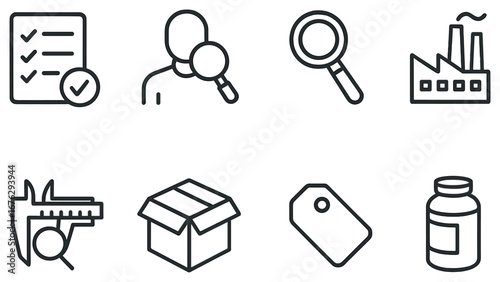 Business management linear icon set. featuring checklist, profile, search, factory, caliper, box, tag, medicine
