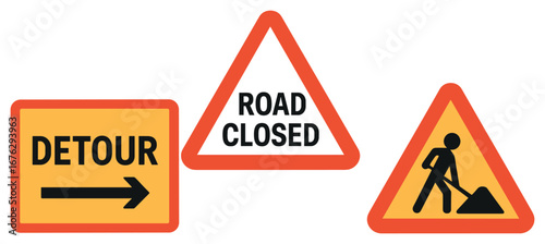 Road signs 3d icon set. featuring detour, road closed, construction symbols