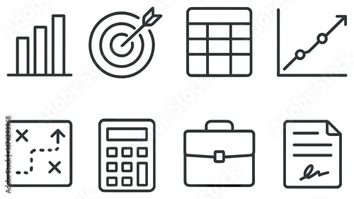 Business tools linear icon set. featuring bar chart, target, calendar, graph, strategy, calculator, briefcase, contract