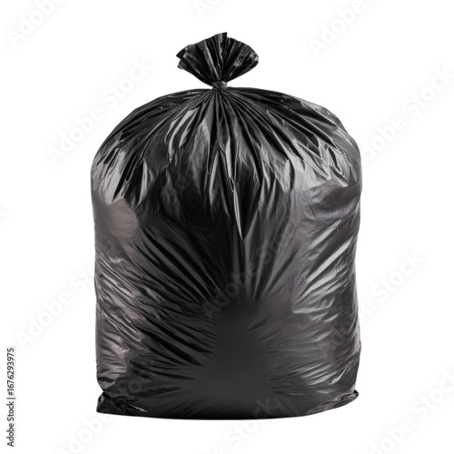 Black plastic trash bag full and tied isolated on white background for environmental waste management and recycling