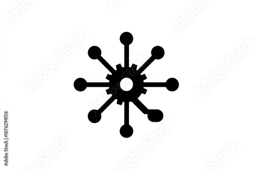 Black gear icon with radiating connecting lines and nodes