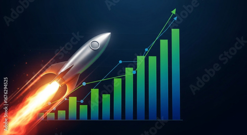 Rocket launches against a financial chart, symbolizing rapid growth and upward trends in a dark backdrop. Vibrant colors highlight the rocket and chart's dynamic movement