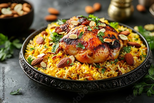 Festive chicken biryani garnished with whole almonds high resolution picture