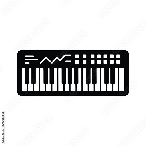 Modern electronic keyboard with digital display and array of buttons for music production