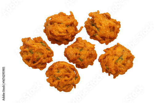 Six crispy onion bhajis floating on transparent background