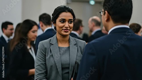 Professional Young Woman in Grey Suit Engages in Friendly Business Conversation at a Corporate Networking Event or Conference.