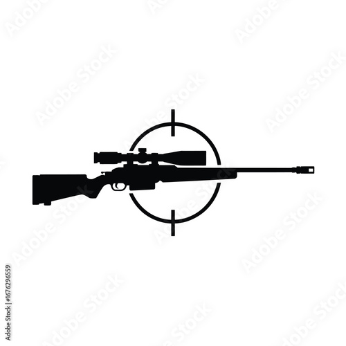 Sniper rifle with scope centered in crosshairs targeting precision and aim