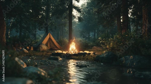 Summer forest with campfire, tent and river. Relaxing nature animation for meditation, background video and peaceful atmosphere
