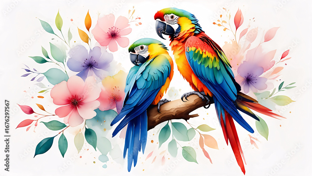 Obraz premium Two Colorful Macaw Parrots Perched on a Branch macaws birds