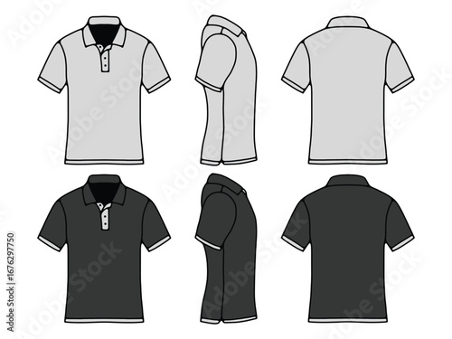 Blank Polo Shirt Vector Set. Front, Side, Back Views for Mockup Design
