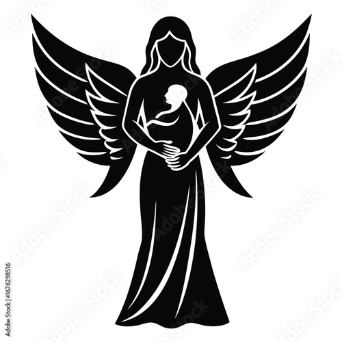angel holding baby silhouette vector icon