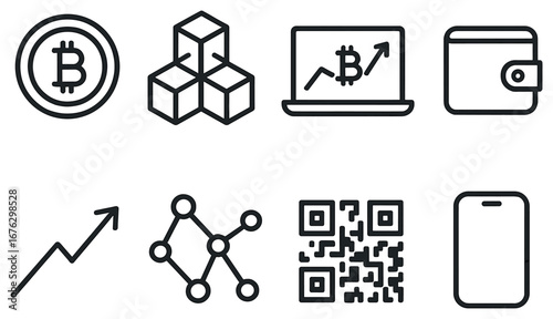 Cryptocurrency linear icon set. featuring bitcoin, blockchain, wallet, graph, qr code, and smartphone