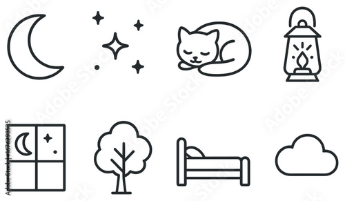 Nighttime linear icon set. featuring moon, stars, cat, lantern, window, tree, bed, cloud symbols