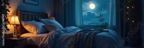 Serene bedroom scene at night, soft moonlight illuminating a cozy bed with plush pillows and blankets Perfect for relaxation and sleep-related themes , bedroom, cozy