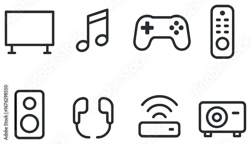Home entertainment linear icon set. featuring tv, music note, game controller, remote, speaker, headphones, wi-fi, projector