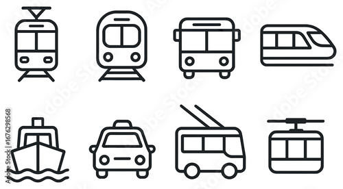 Transportation linear icon set. featuring tram, train, bus, high-speed train, boat, taxi, trolleybus, cable car